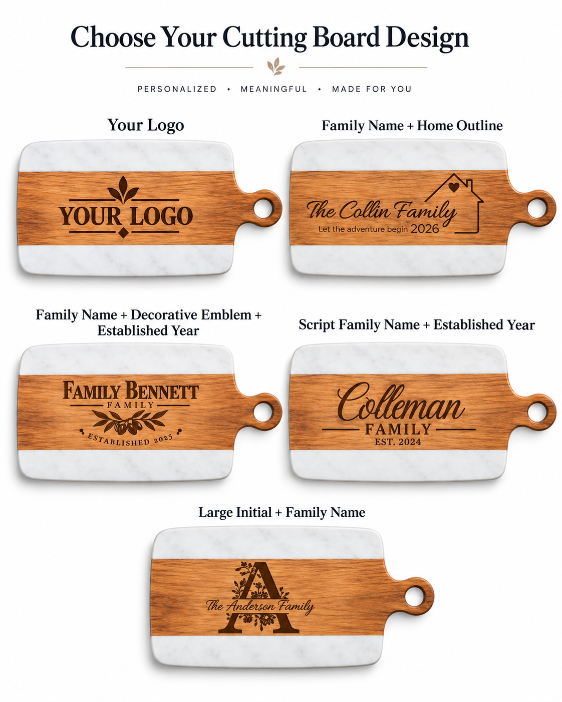 Personalized cutting board engraving design options including family name, established year, large initial, home outline, and custom logo.