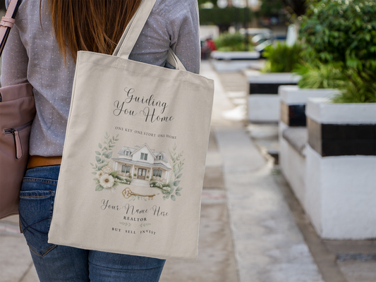 Realtor holding a personalized floral real estate tote bag