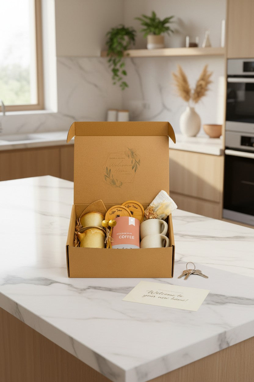Kintoir Cozy Mornings coffee gift box featuring ceramic mugs, pour-over maker, gold spoons, and coasters on a counter.