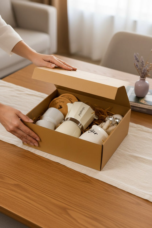 Kintoir luxury espresso gift box featuring a stovetop maker, ceramic mugs, wood coasters, and sugar bowl in kraft box