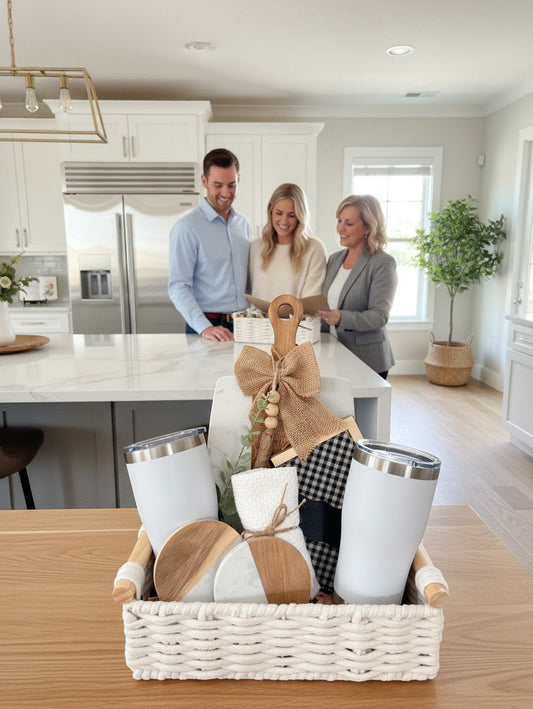 Closing Day Welcome gift basket styled in a bright kitchen for new homeowners