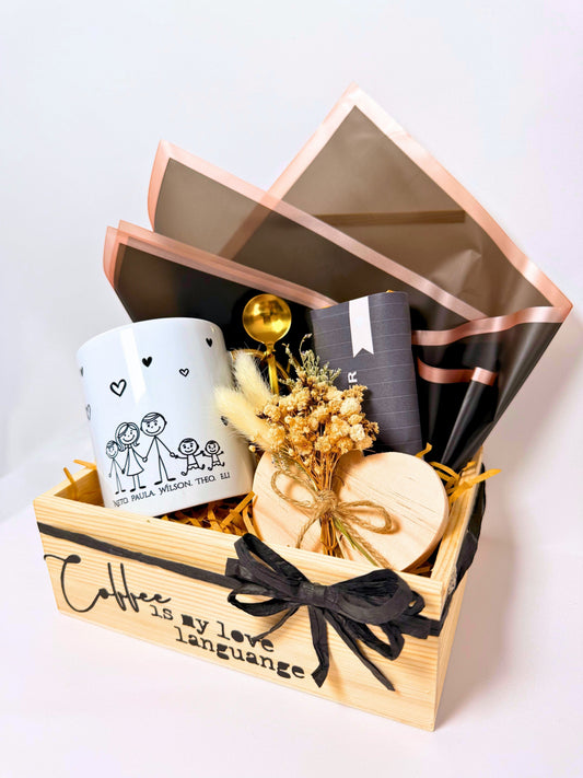 Personalized Coffee Family Crate with custom family mug and coffee accessories
