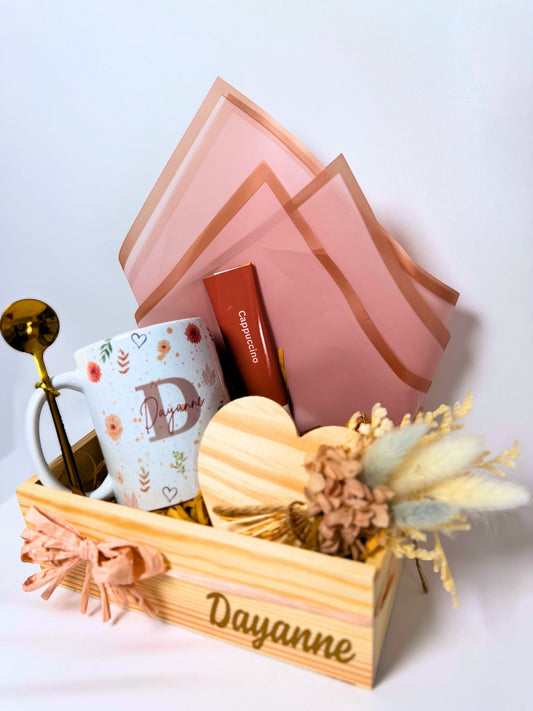 Personalized floral mug and wood crate gift set