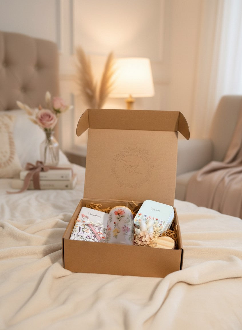 Kintoir personalized keepsake gift box featuring a floral glass, notebook, jewelry box, and wood heart in a kraft box.