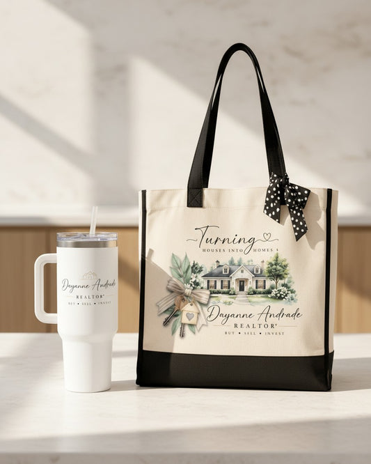 Kintoir personalized realtor gift set featuring a canvas tote and white insulated tumbler with custom name branding.