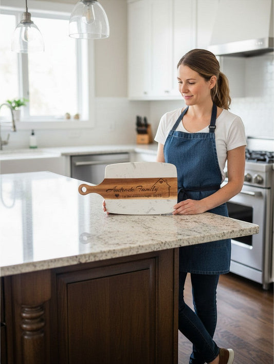 Personalized acacia wood and marble cutting board engraved with family name and year
