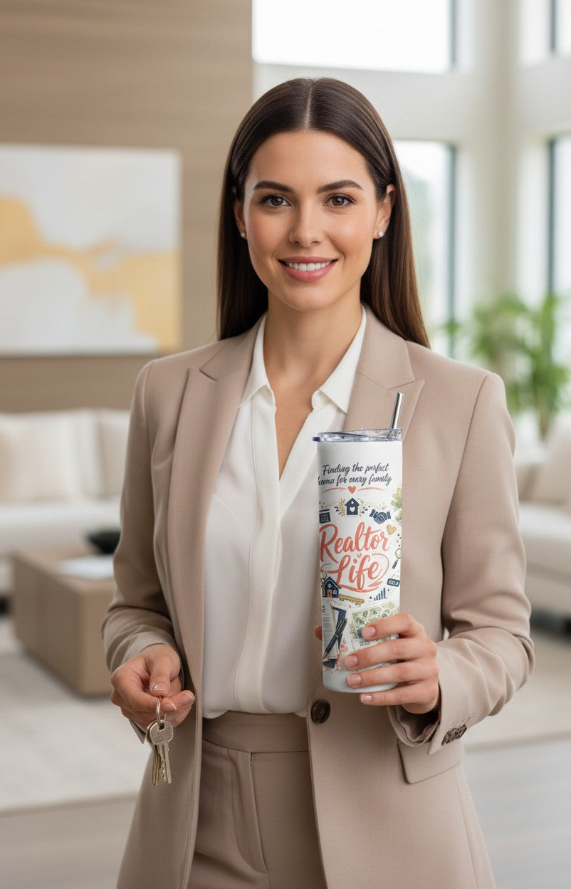 Woman holding Home & Dreams Realtor 20 oz tumbler for real estate professional gift | Kintoir