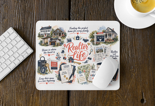 Colorful Realtor Life mouse pad displayed beside a keyboard and computer mouse