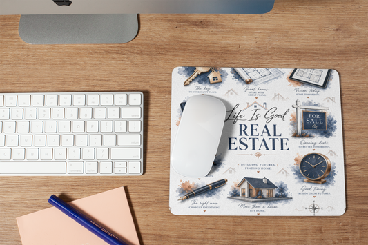 Real estate agent mouse pad displayed beside a white keyboard and computer mouse