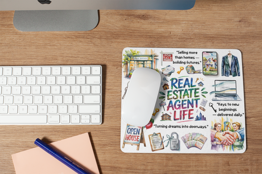 Colorful real estate agent mouse pad displayed beside a keyboard and computer mouse