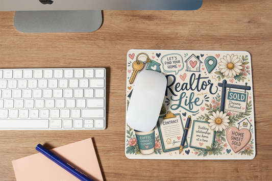 Real estate agent mouse pad displayed beside a white keyboard and computer mouse