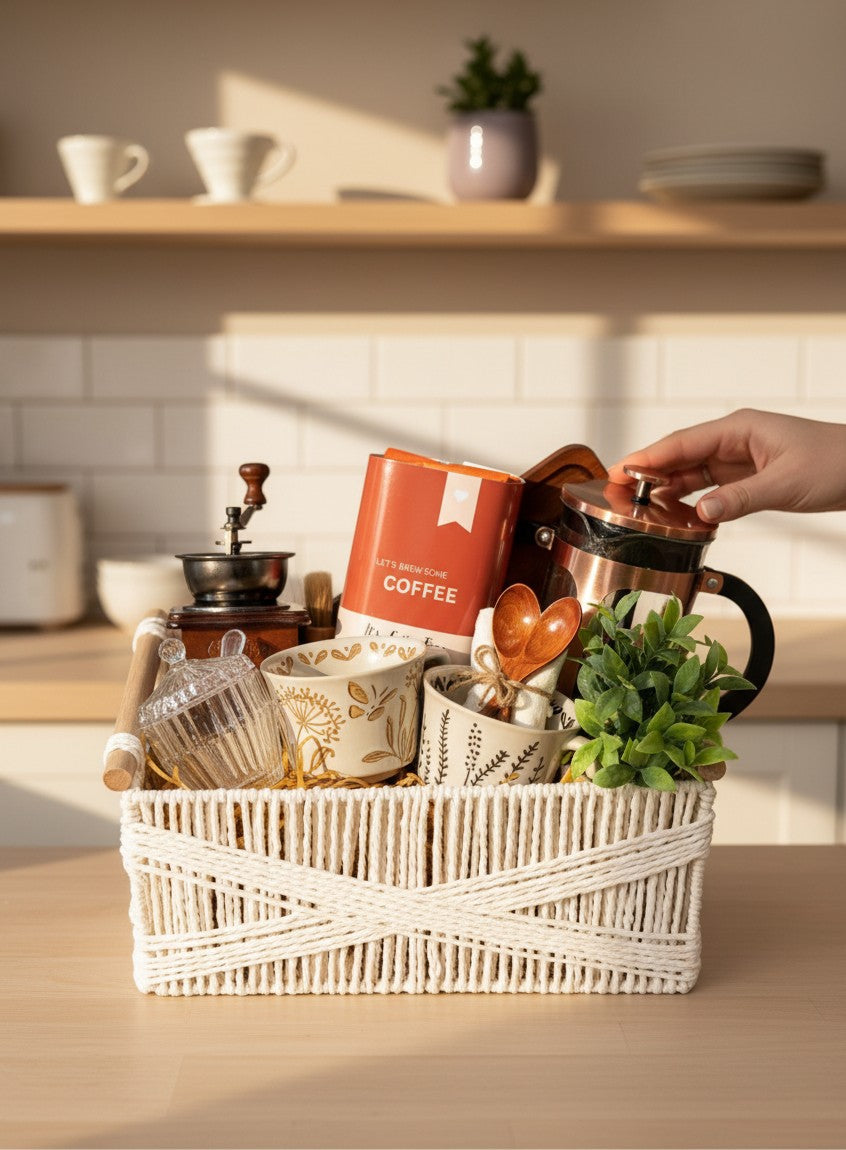 Copper House ready-to-gift French press coffee basket with mugs, coffee and home accents