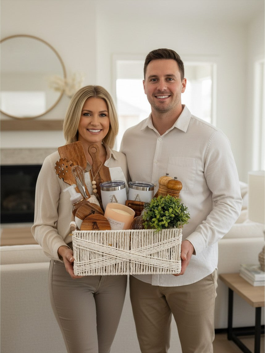 Couple holding Welcome Home Luxe personalized Realtor closing gift basket in their new home