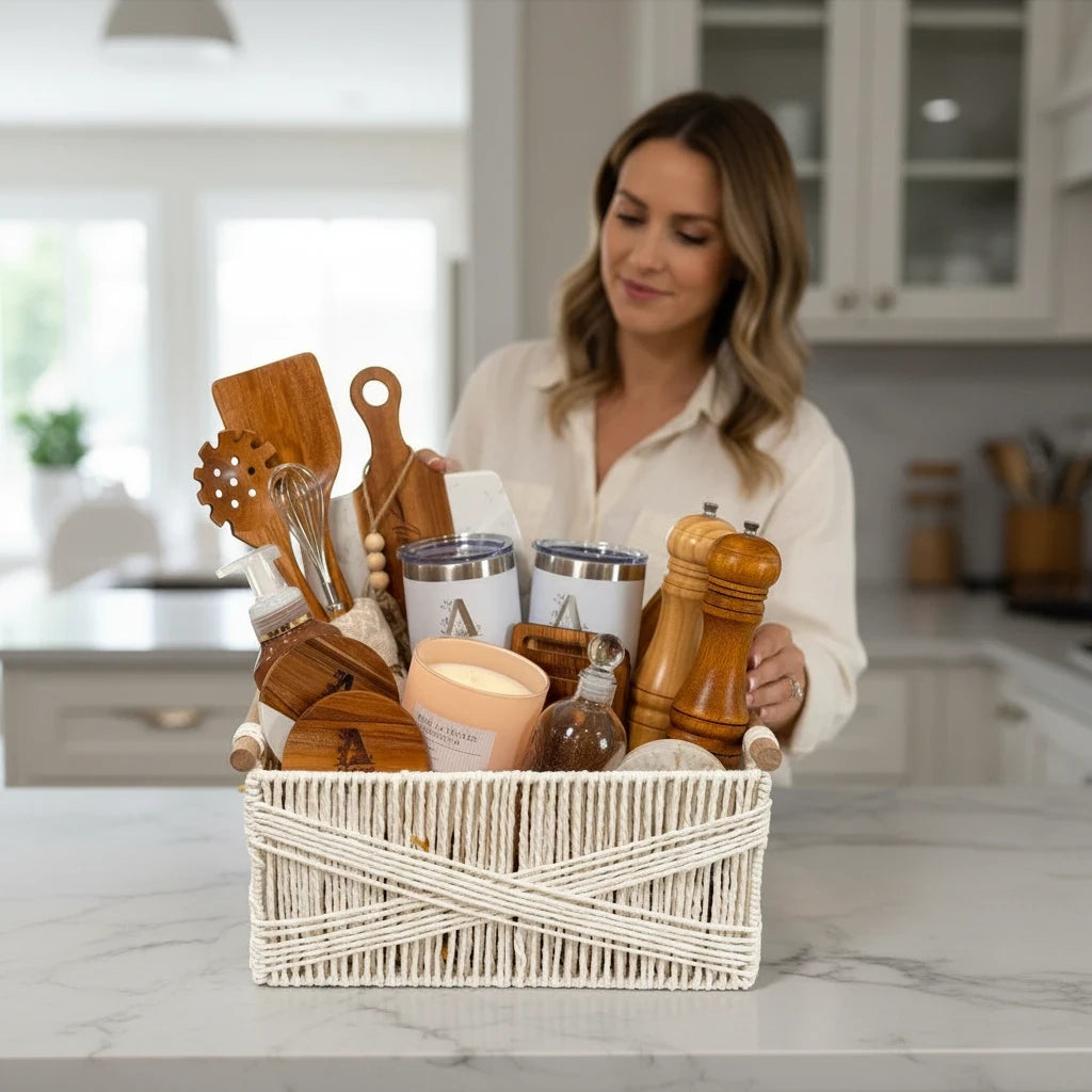 Woman holding luxury personalized closing gift basket for Realtor client appreciation