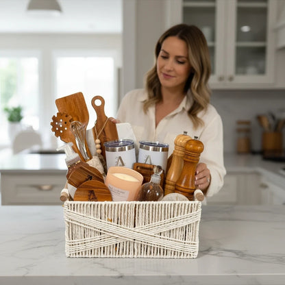 Woman holding luxury personalized closing gift basket for Realtor client appreciation