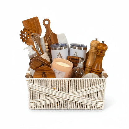 Welcome Home Luxe personalized client gift basket with cutting board, tumblers, candle and home accessories