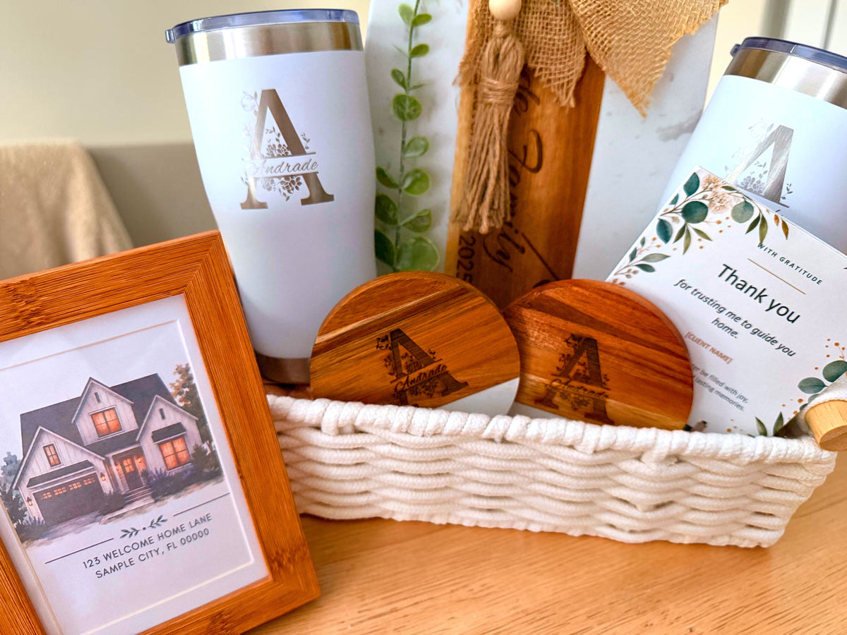 Personalized cutting board and keepsakes in real estate closing gift basket