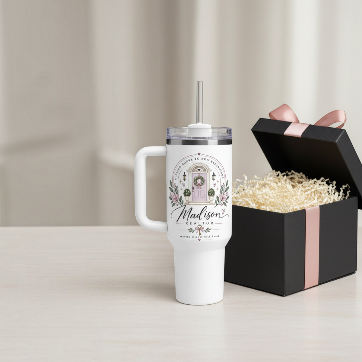 Personalized Realtor tumbler beside premium black gift box with ribbon