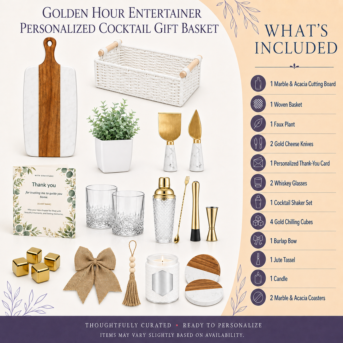 Golden Hour Entertainer gift basket contents guide showing included gold barware, glassware, cutting board, coasters, candle, and accessories | Kintoir