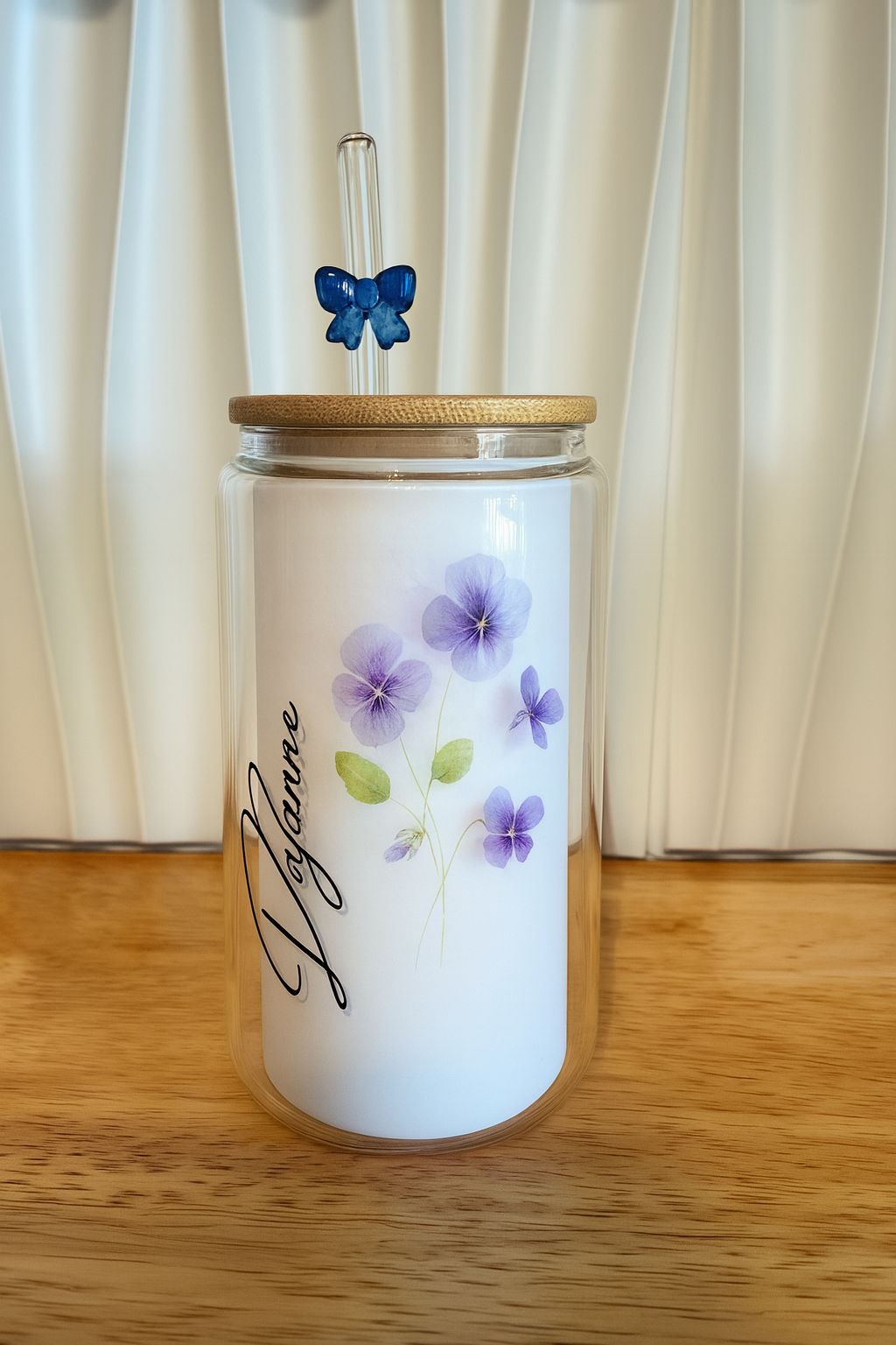 Glass Cup Bamboo Lid & Straw |  Violet Bloom Name Personalized