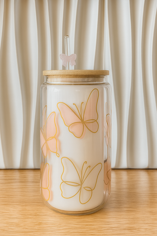 Glass Cup Bamboo Lid & Straw | Golden Butterfly
