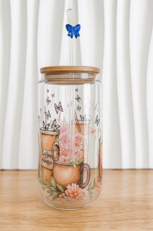 Glass Cup Bamboo Lid & Straw |  Butterfly Bloom