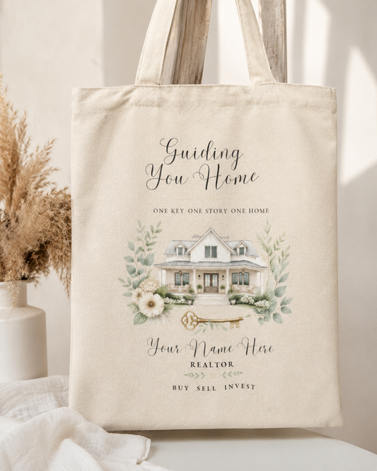 Personalized Realtor tote bag with floral house design and custom agent name