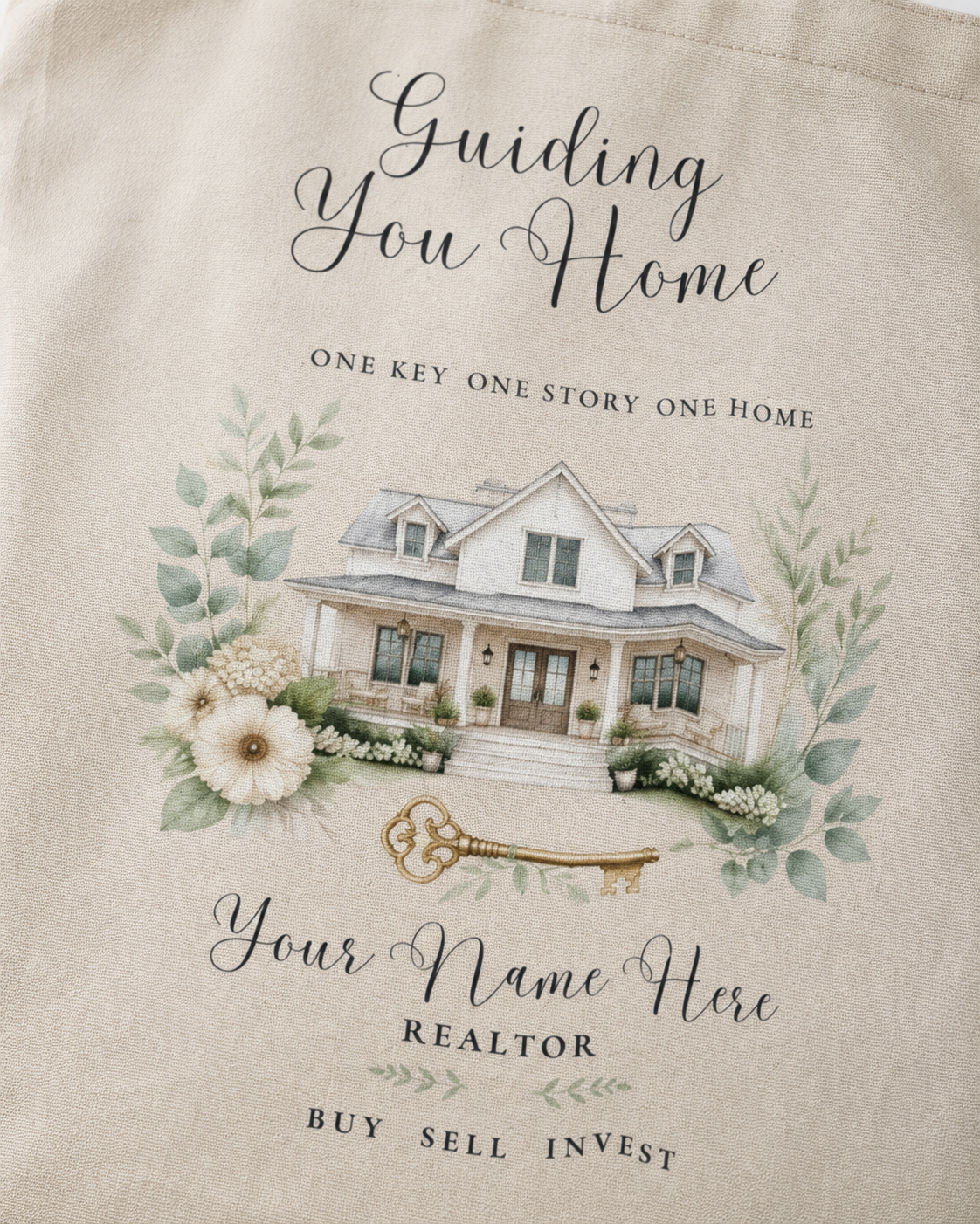 Close-up of personalized Realtor tote bag with floral house artwork