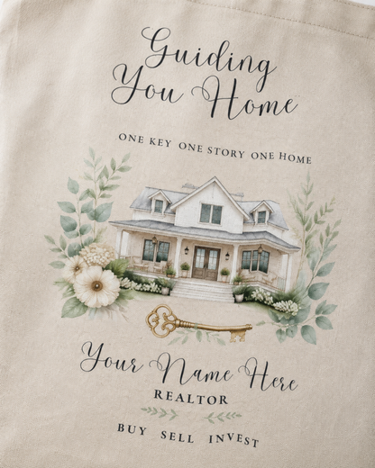 Close-up of personalized Realtor tote bag with floral house artwork