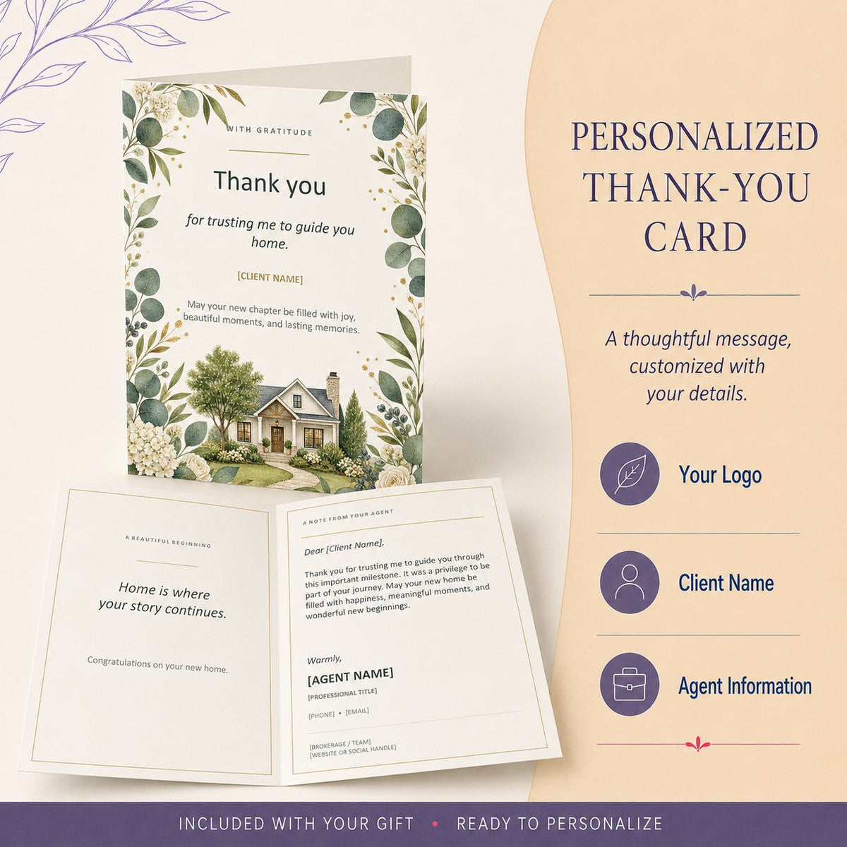 Personalized thank-you card options for Realtor closing gift with custom client and agent details