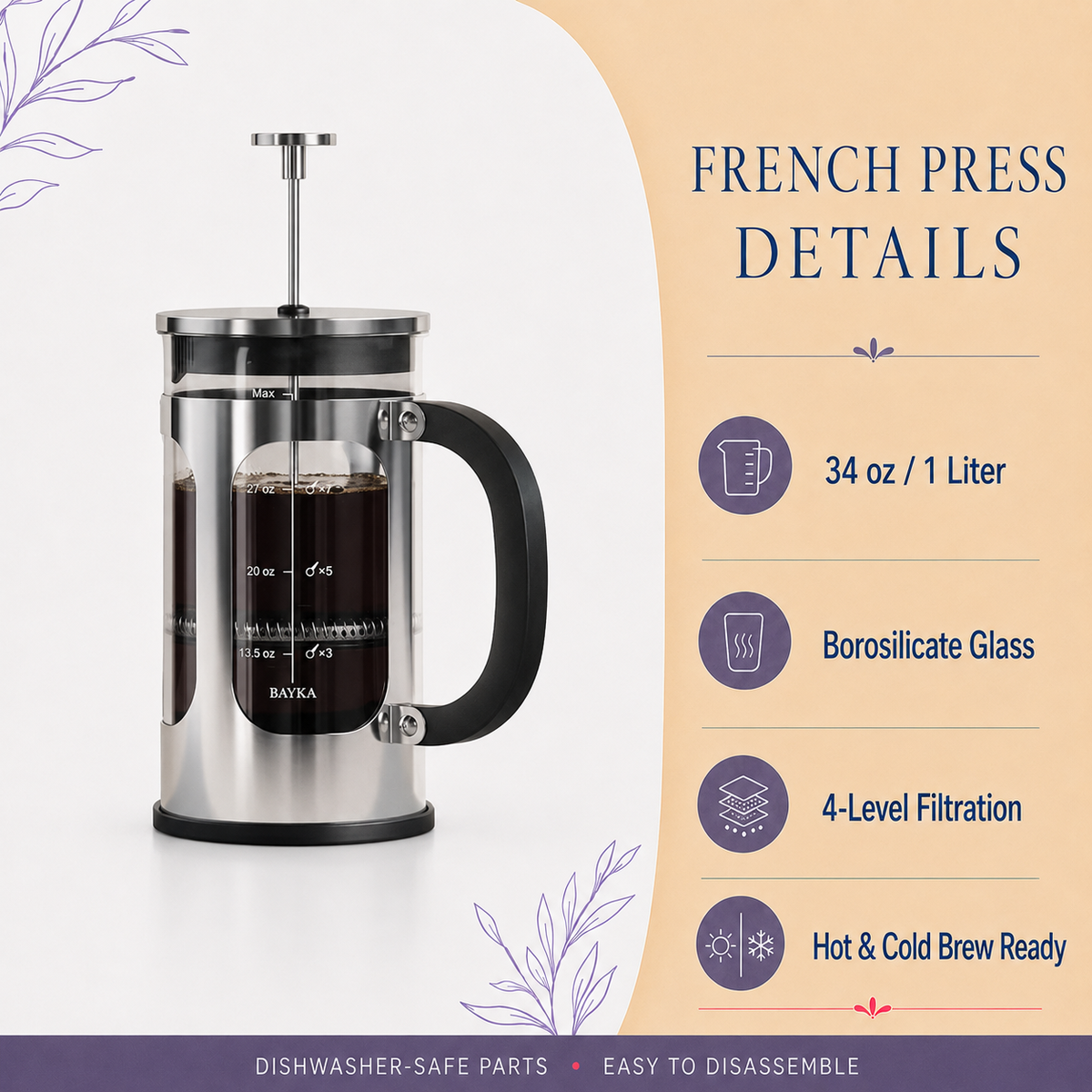 French press detail included in Silver Press coffee gift basket