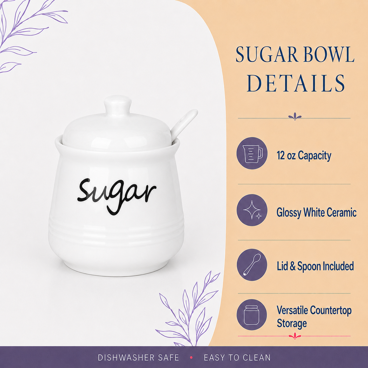 White ceramic sugar bowl with lid and spoon, labeled 'sugar' in black script, shown on a light background with product feature text on the right.