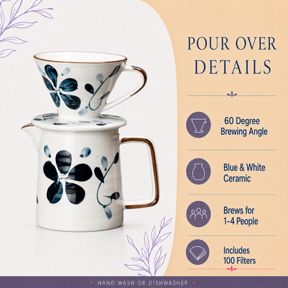 A ceramic pour-over coffee set with a blue and white floral pattern and copper-toned metal accents, shown on a split white and beige background with product feature text on the right.