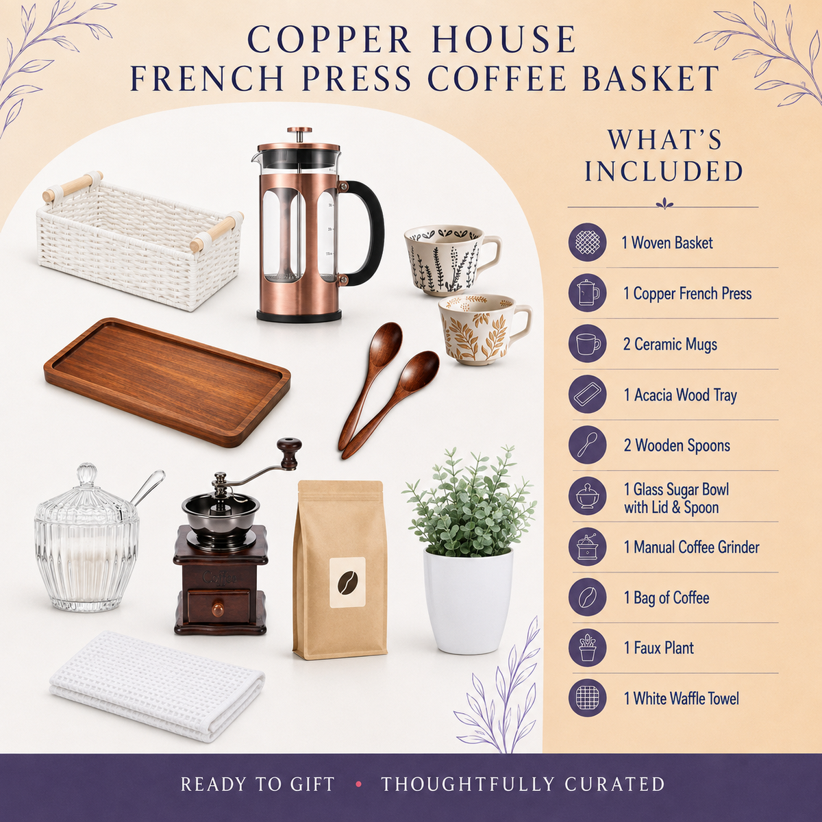 Copper House French press coffee gift basket with copper French press, mugs, coffee grinder, ground coffee, wooden spoons, sugar jar, towel, faux plant, and serving tray | Kintoir