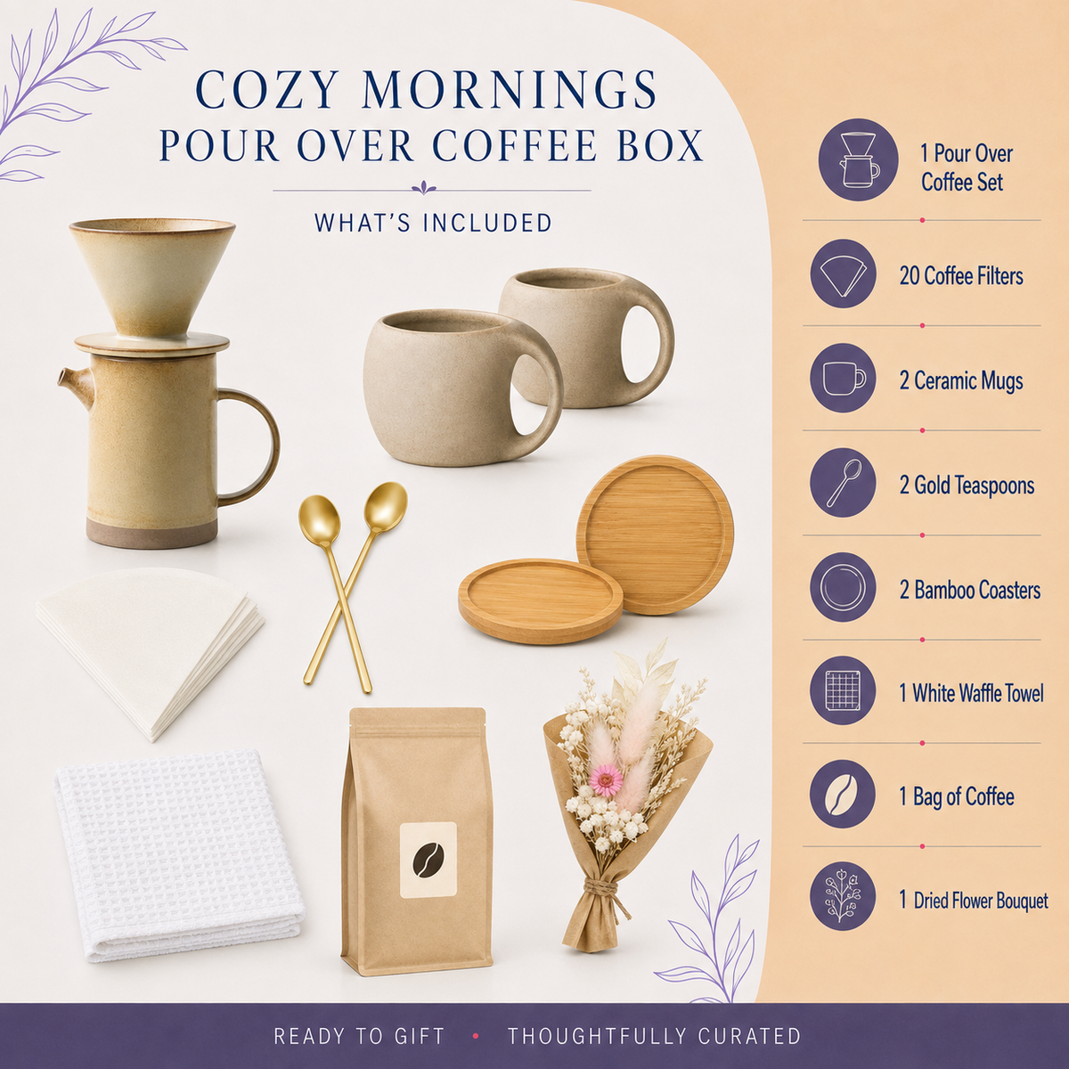 Cozy Mornings pour over coffee gift box contents with mugs, coffee maker, ground coffee, gold spoons, coasters, towel, and floral accent | Kintoir