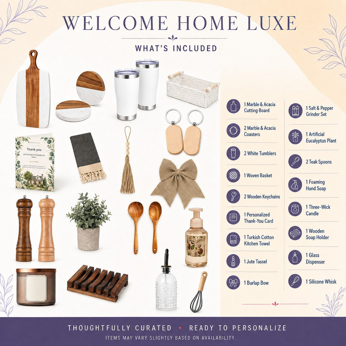 Welcome Home Luxe gift basket contents including personalized tumblers, cutting board, coasters, keychains and home essentials