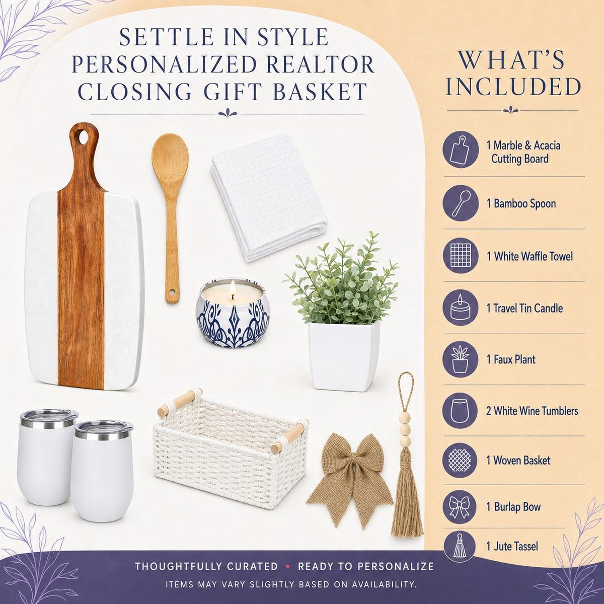 Settle In Style personalized Realtor closing gift basket contents including cutting board, tumblers and home accents