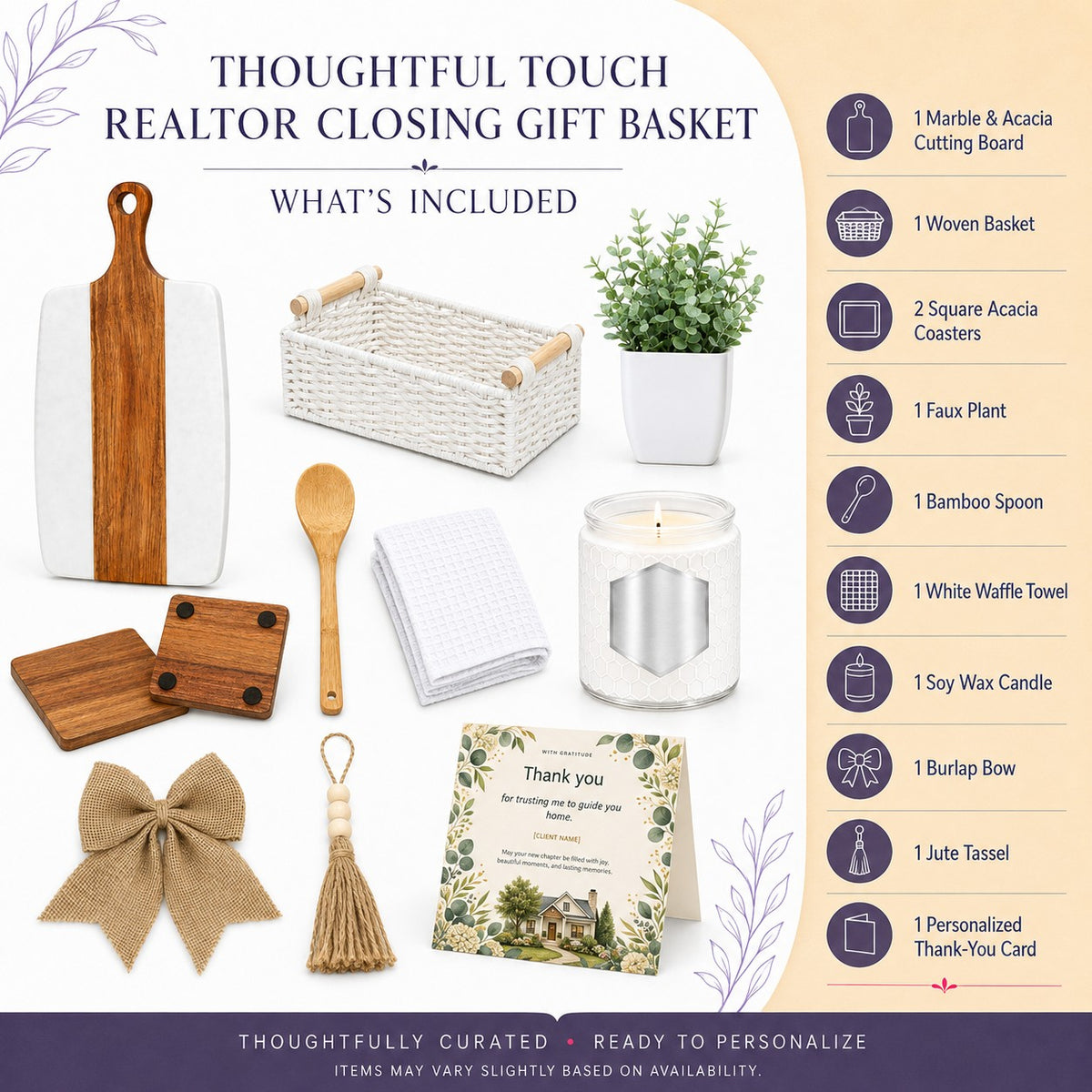Thoughtful Touch personalized closing gift basket contents with cutting board, coasters, candle and thank-you card
