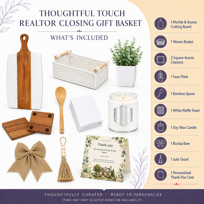 Thoughtful Touch personalized closing gift basket contents with cutting board, coasters, candle and thank-you card