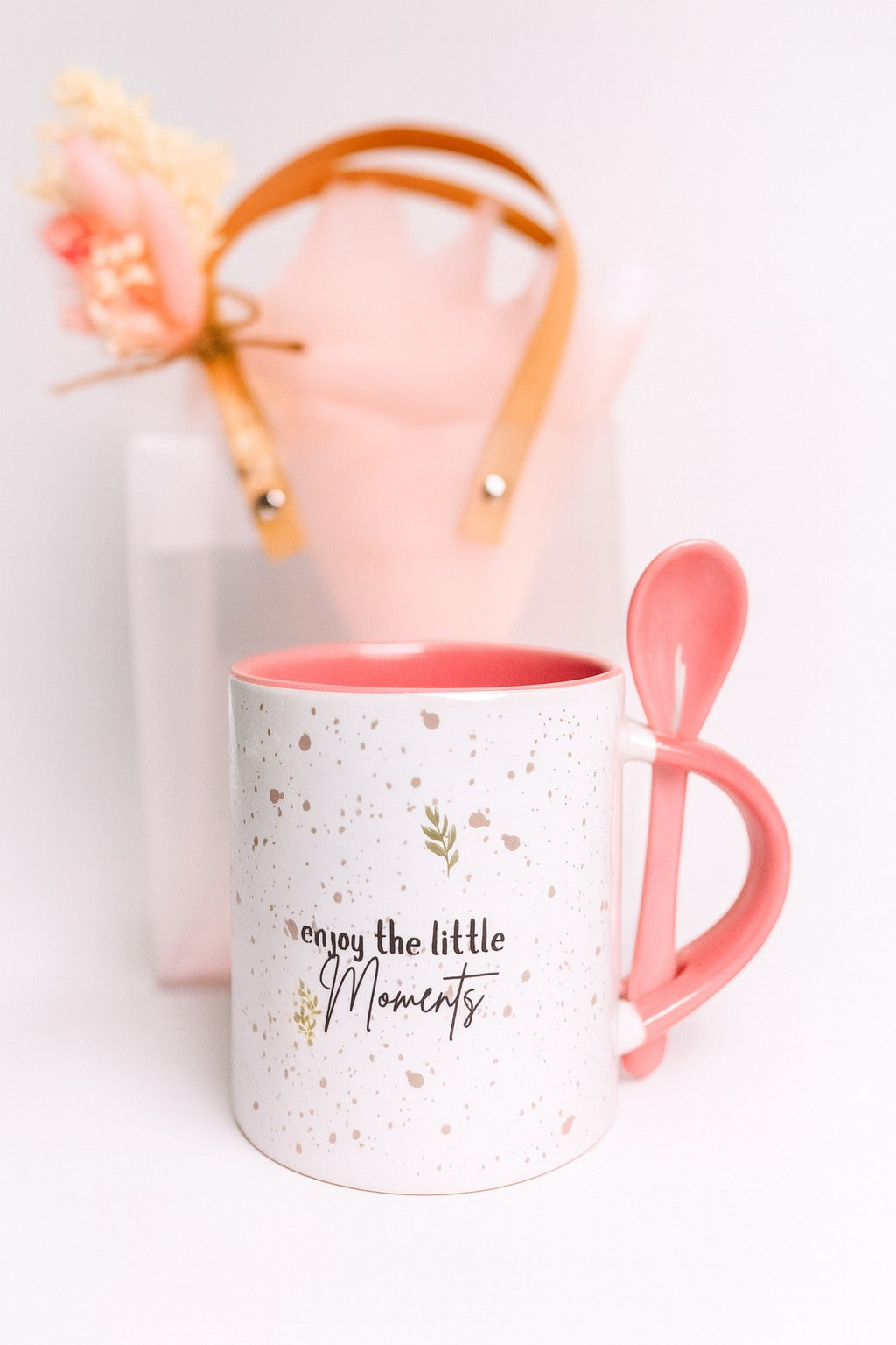 Speckled ceramic mug with pink interior and Enjoy the Little Moments message | Kintoir