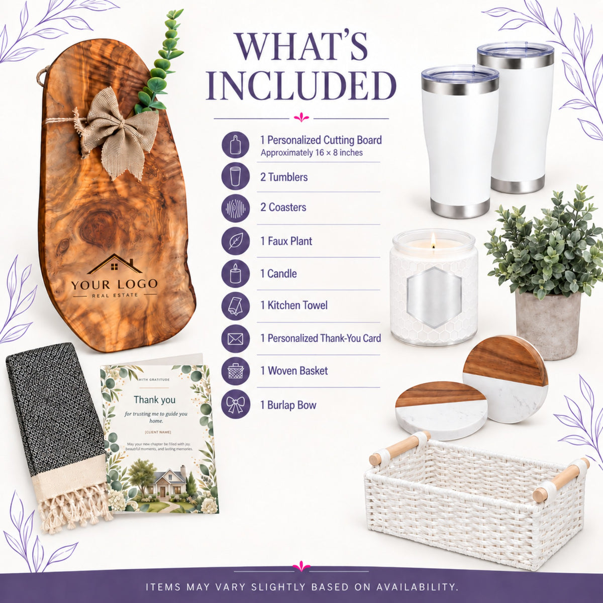 Kintoir Grand Welcome personalized closing gift basket featuring an olive wood board, white tumblers, and home decor.