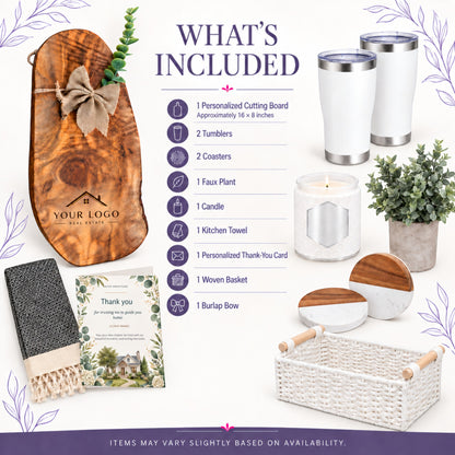 Kintoir Grand Welcome personalized closing gift basket featuring an olive wood board, white tumblers, and home decor.