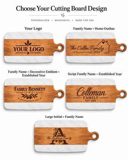 Personalized cutting board engraving design options including family name, established year, large initial, home outline, and custom logo.