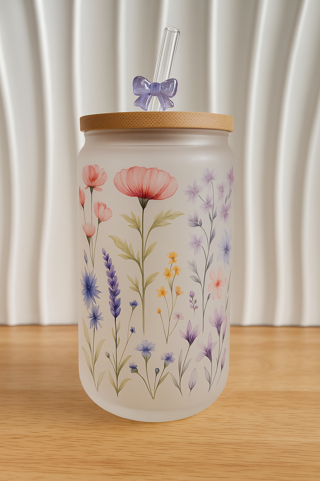 Glass Cup Bamboo Lid & Straw | Floral