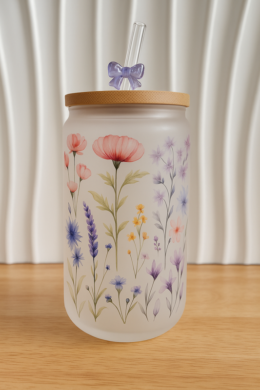 Glass Cup Bamboo Lid & Straw | Floral
