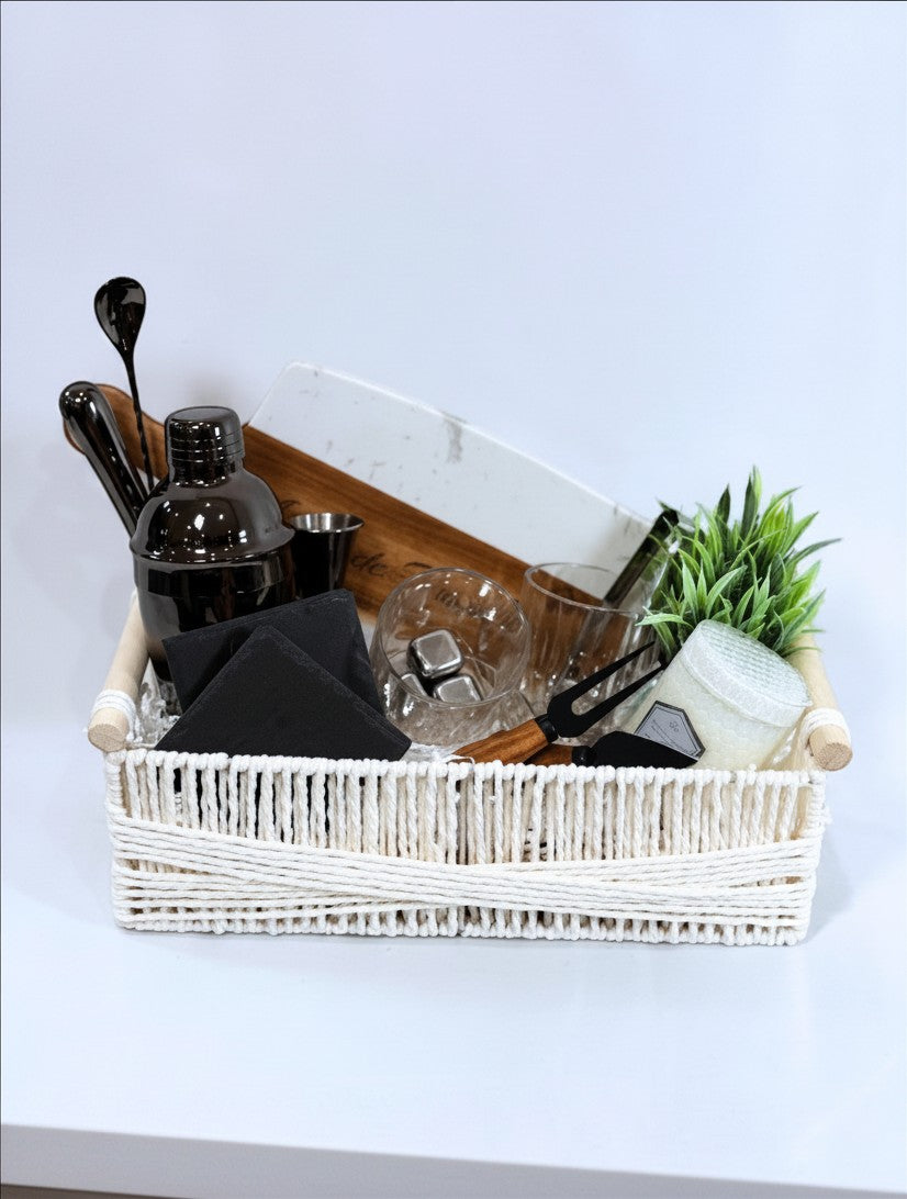 Kintoir Black Tie Entertainer cocktail gift basket featuring bar tools, glasses, coasters, and a cutting board.