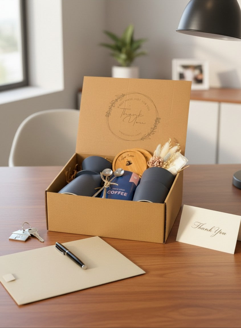 Kintoir coffee gift box for new homeowners featuring ceramic mugs, coffee, wooden coasters, and dried flowers.
