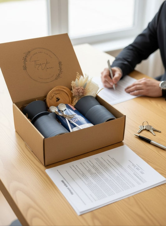 Kintoir coffee gift box for new homeowners featuring a pour-over maker, ceramic mugs, spoons, and dried flowers.