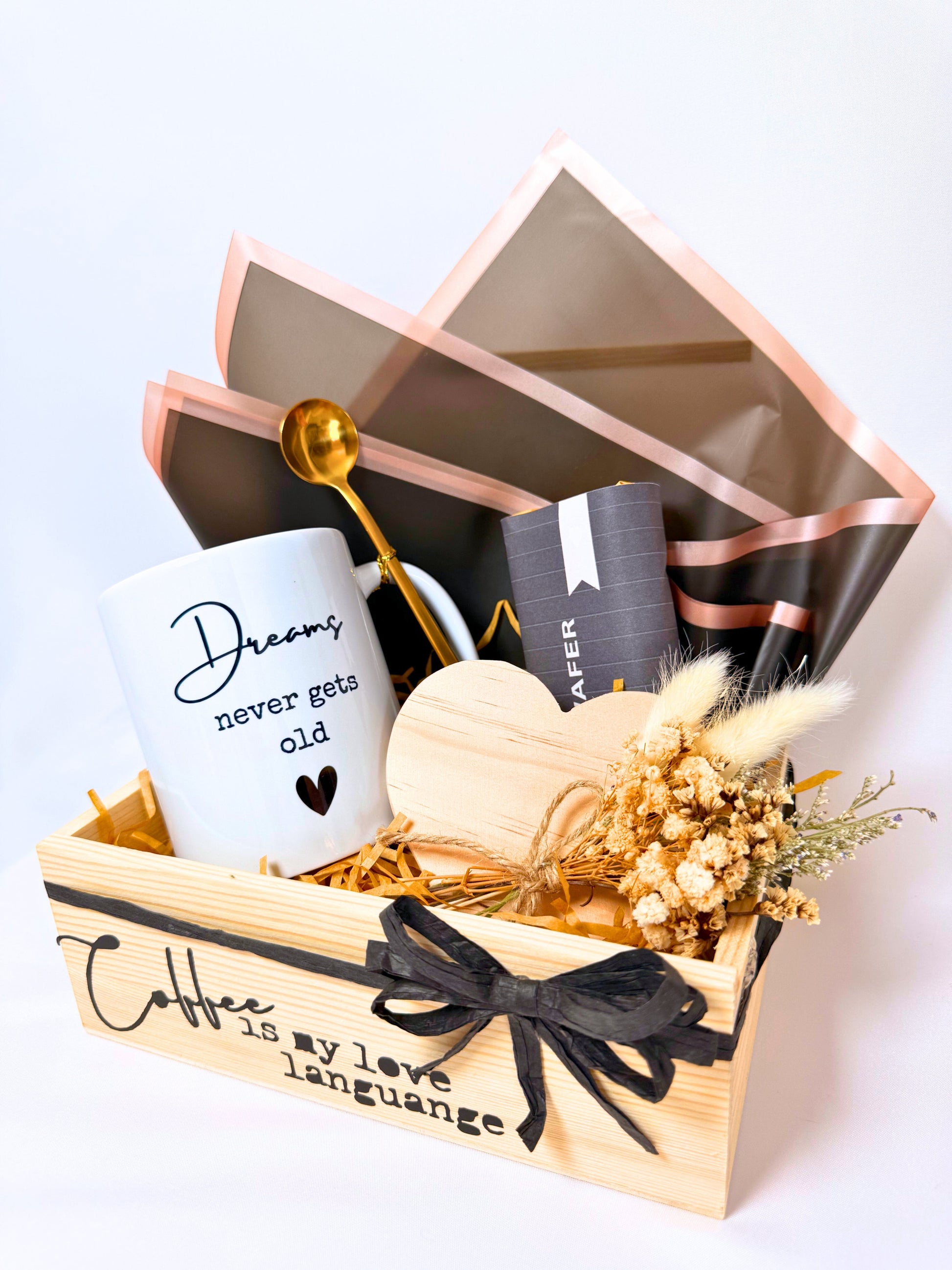Kintoir Coffee Is My Love Language gift box featuring a ceramic mug, gold spoon, heart coaster, and dried flowers.