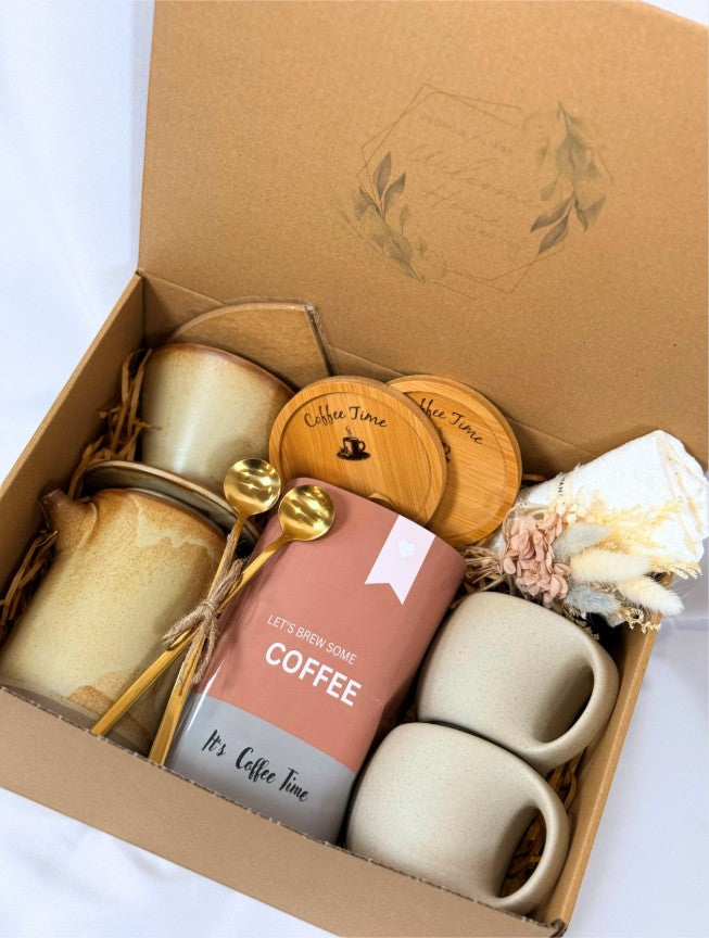 Open Cozy Mornings coffee gift box with pour over set, mugs and coffee accessories
